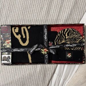 Ed Hardy Black and Gold Beanie and Scarf Set